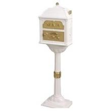 Classic Series Locking Mailbox W/ Pedestal - White W/ Polished Brass