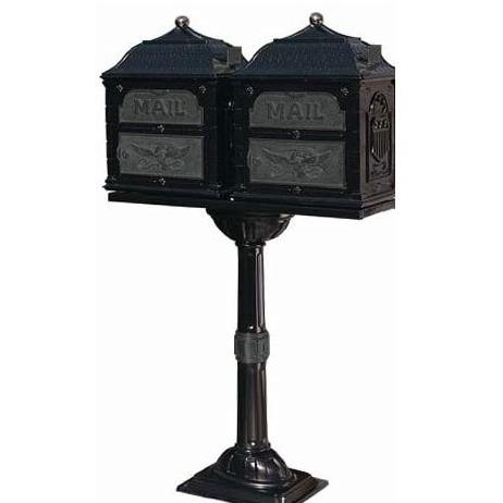 Classic Series Double Mount Locking Mailbox W/ Pedestal - Black W/ Verde Brass