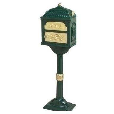 Classic Series Locking Mailbox W/ Pedestal - Forest Green W/ Polished Brass