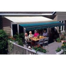 Sunsetter Pro Motorized Awning (16 Ft / Blue Stripe) With Traditional Laminated Fabric With Right Mounted Moter And Soffit Bracket