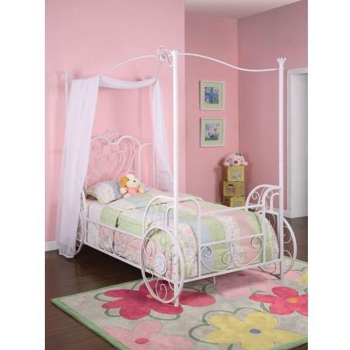 Powell Furniture - Princess Emily Shabby Chic White With Pink Sand-Through Carriage Canopy Twin Size Bed (includes Bed Frame) - 374-042