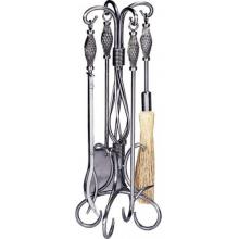 UniFlame 5 Piece Pewter Wrought Iron Fireset W/ Birdcage Handle