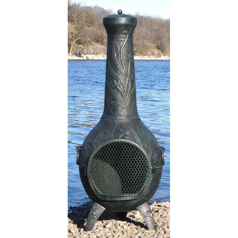 The Blue Rooster Orchid Style Cast Aluminum Chiminea - Antique Green