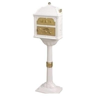 Classic Series Locking Mailbox W/ Pedestal - White W/ Polished Brass