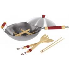 Easy-Grip Silicone/Wood Handle 14 Inch Professional 7-piece Carbon Steel Wok Set