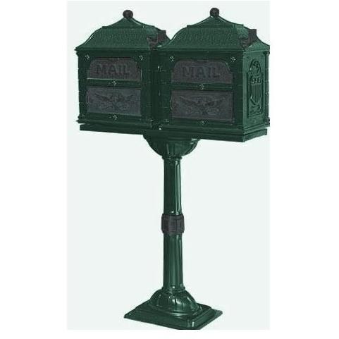 Classic Series Double Mount High Security Locking Mailbox W/ Pedestal - Forest Green W/ Verde Brass