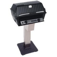 Broilmaster T3W Deluxe Propane Gas Grill With Black Control Panel On Stainless Patio Post With Cast Iron Base