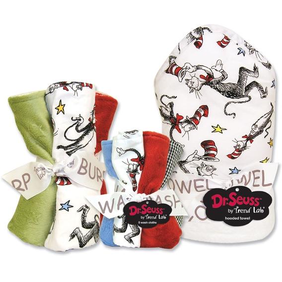 DR SEUSS CAT IN THE HAT HOODED TOWEL, WASH CLOTH, AND BURP CLOTH SET.