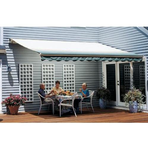 Sunsetter Pro Motorized Awning (14 Ft / Green Stripe) With Traditional Laminated Fabric With Right Mounted Motor And Wall Bracket