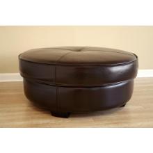 Sion Round Tufted Leather Ottoman In Dark Brown