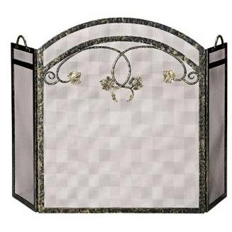 UniFlame 3 Fold Antique Gold Wrought Iron Screen W/ Top Leaf Design