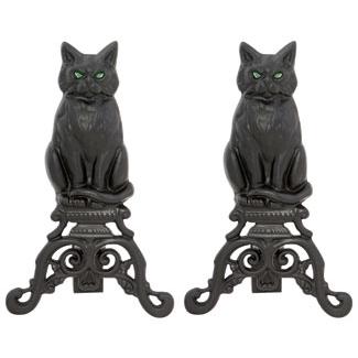 Black Cast Iron Cat Andirons w/ Reflective Glass Eyes