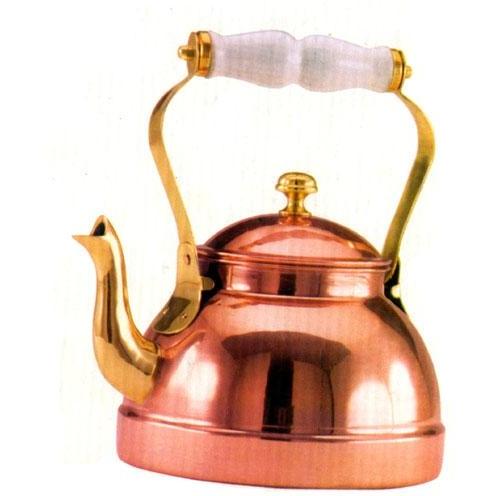 Old Dutch Copper Tea Kettle With Brass Accents And Ceramic Handle
