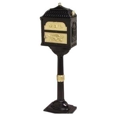 Classic Series High Security Locking Mailbox W/ Pedestal - Black W/ Polished Brass