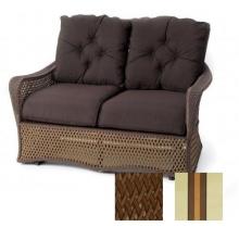 Lloyd Flanders Grand Traverse Love Seat Glider In Caramel Finish And Resort Lodge Fabric.