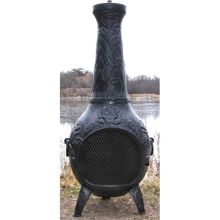 The Blue Rooster Rose Style Cast Aluminum Chiminea - Charcoal