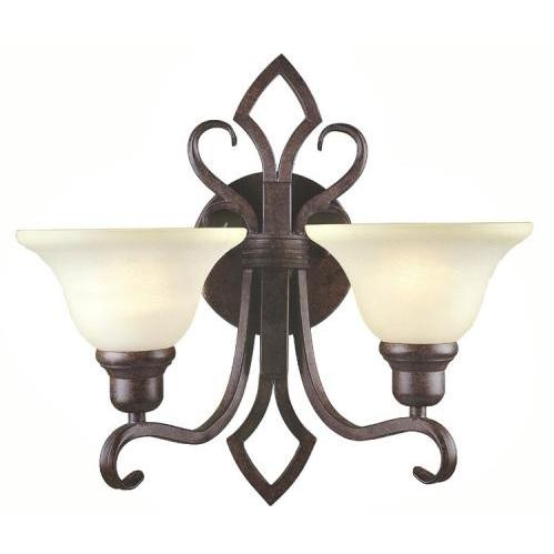 Iron Works Collection Wall Mount Double Light Fixture In Antique Oak Finish - 2 Bulbs