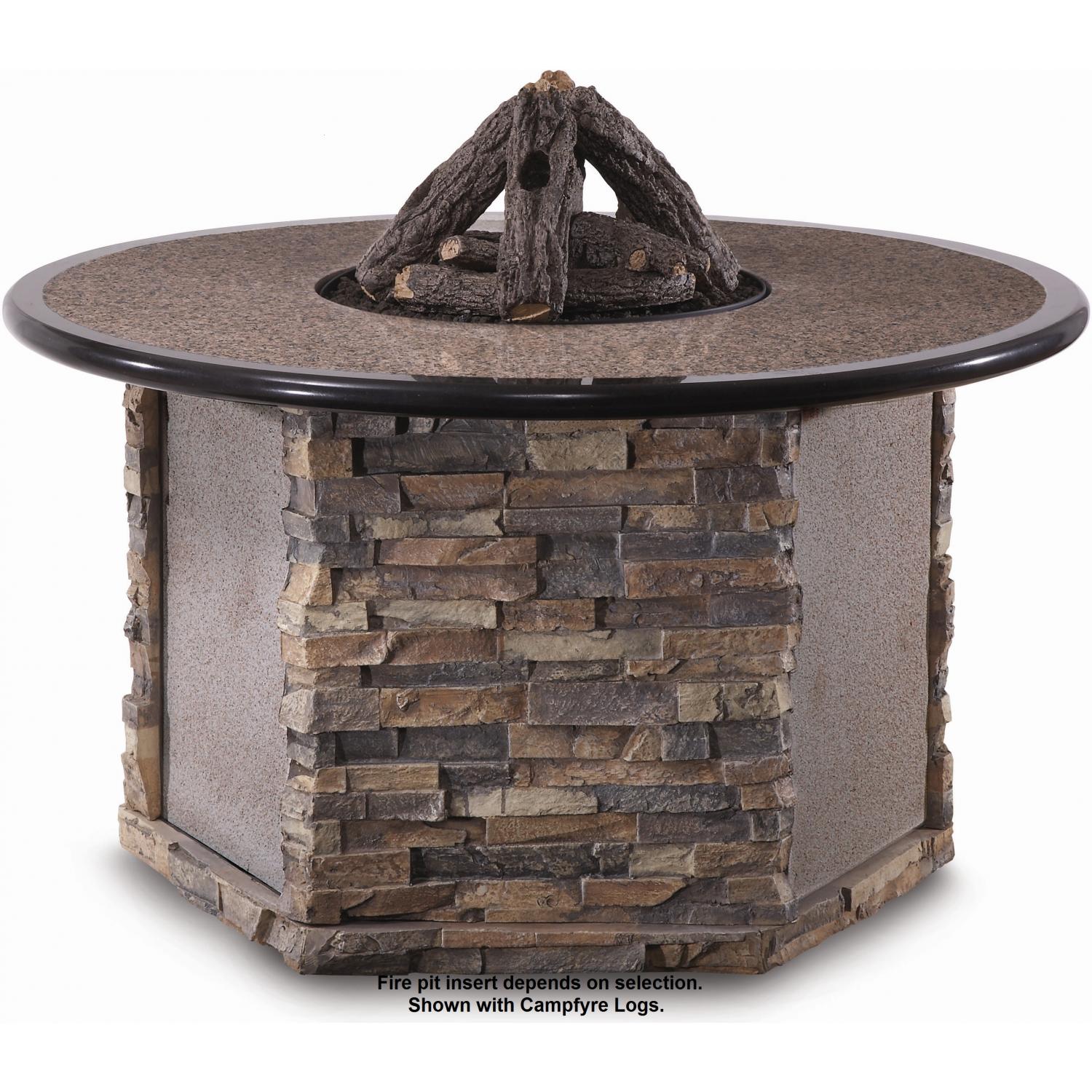 Peterson Outdoor Campfyre 52 Inch Propane Electronic On/Off Remote Cocoa Granite Fire Pit Table With Stacked Stone Base And Beachwood Logs