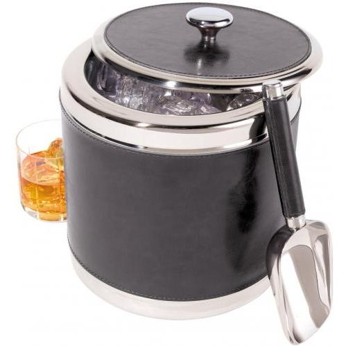 Oggi Faux Leather Double Wall Ice Bucket W/ Scoop - Black