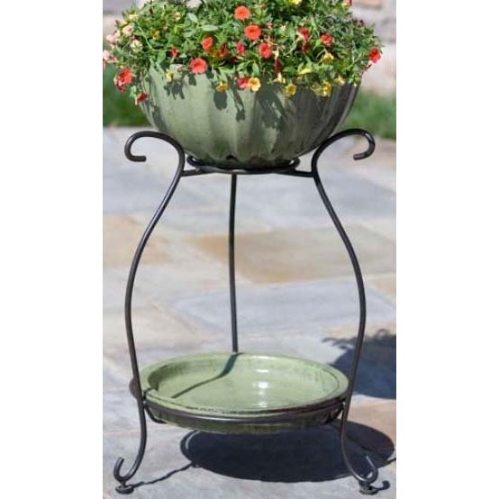 Alfresco Home Glazed Planter On Iron Stand - Antique Green