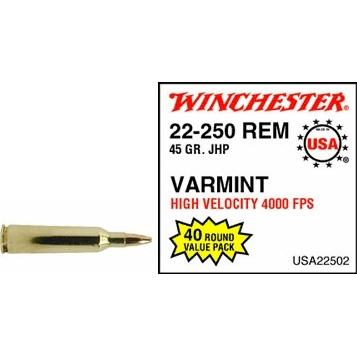 Winchester Ammo 22-250 Remington By Winchester, 45gr, USA Jacketed Hollow Point, (Per 40)