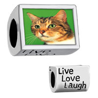 European Beads - words "live love laugh" with green eyed cat Image.