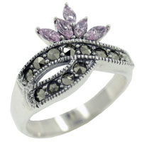 Rings - size 8 marquise cut pink cz with marcasite ring Image.