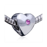 European Beads - october pink tourmaline color birthstone heart silver plated crystal european beads Image.
