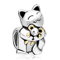 European Beads - 22k happy smiling cat holding baby mouse brand two tone plated beads charms bracelets Image.
