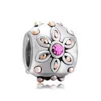 European Beads - pink golden flower silver gold plated crystal european beads Image.