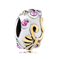 European Beads - 22k flower pink crystal two tone plated beads charms bracelets Image.