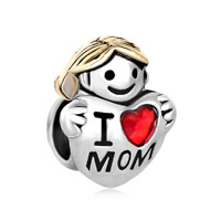European Beads - 22k cute girl holding heart i love mom two tone plated beads charms bracelets Image.