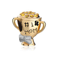 European Beads - 22k silver mother's day cup number one mom citrine yellow crystal bowknot love gold plated beads charms bracelets Image.