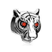 European Beads - garnet red rhinestone crystal eyes tiger head animal silver plated beads charms bracelets Image.