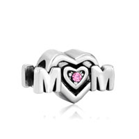 European Beads - pink swarovski crystal mom heart fit all brands &amp;  gift for mother silver plated beads charms bracelets Image.