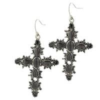 Sterling Silver Jewelry - silver tone cross with black stones earrings Image.