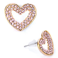 Earrings - light peach swarovski crystal heart with hollow heart golden plated stud earrings Image.