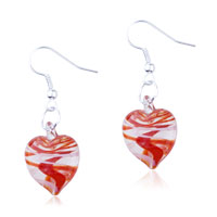 Murano Glass Jewelry - white and red spiral line heart earrings Image.