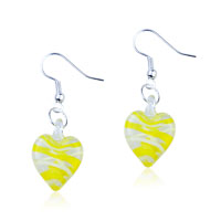 Murano Glass Jewelry - white and yellow spiral line heart earrings Image.