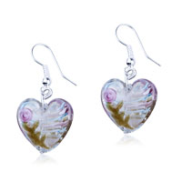 Murano Glass Jewelry - pale blue and white zigzag line heart earrings Image.