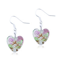 Murano Glass Jewelry - green and white zigzag line heart earrings Image.