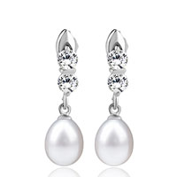 Sterling Silver Jewelry - dangle pearl and sparkling crystal earrings Image.