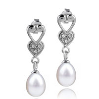 Sterling Silver Jewelry - dangle pearl double heart linked earrings Image.
