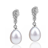Sterling Silver Jewelry - dangle pearl crystal stick rhinestone earrings Image.