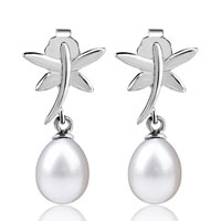 Sterling Silver Jewelry - dangle pearl silver dragonfly earrings Image.