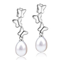 Sterling Silver Jewelry - dangle pearl butterfly link earrings Image.