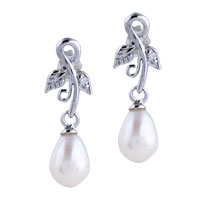 Earrings - silver grape vein dangling pearl earrings Image.