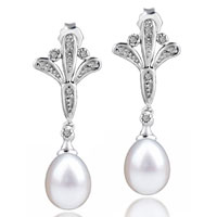 Sterling Silver Jewelry - dangling pearl fan shaped earrings Image.