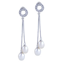 Sterling Silver Jewelry - double pearl long dangling earrings Image.
