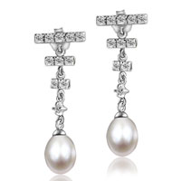 Sterling Silver Jewelry - dangling pearl triple crystal bar earrings Image.